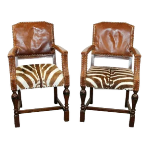 Pair of Antique English Leather & Zebra Armchairs