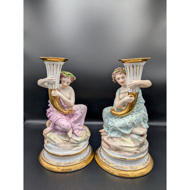 Art Nouveau 1860s Staffordshire England Sutherland & Sons Two Figurines Candlesticks 8.5" For Sale - Image 3 of 10