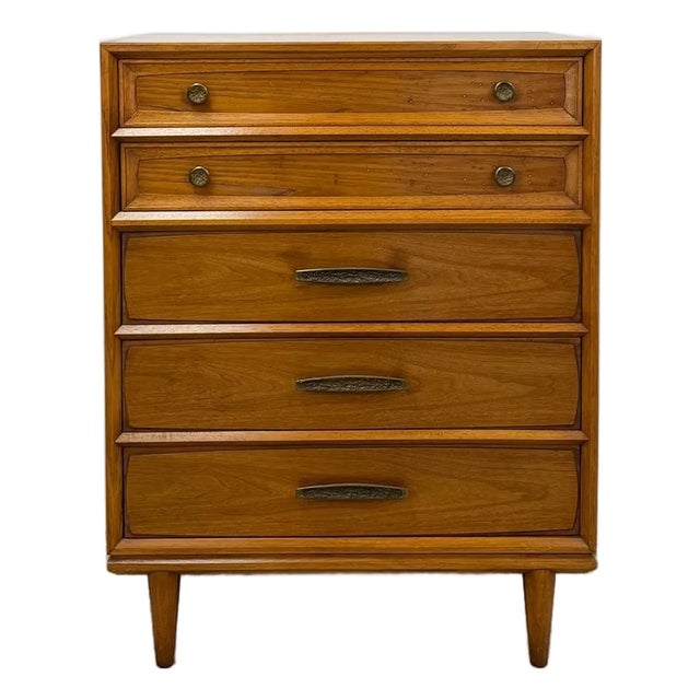 Vintage Heritage Tallboy Dresser Brutalist Brass Pulls Mid-Century Modern For Sale