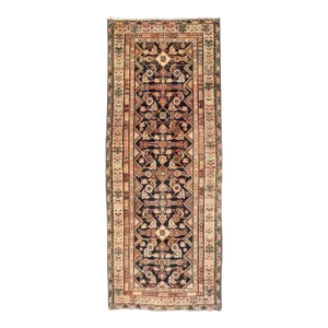 Antique Hand Knotted Persian Mahal Runner in Dark Background and Light Border