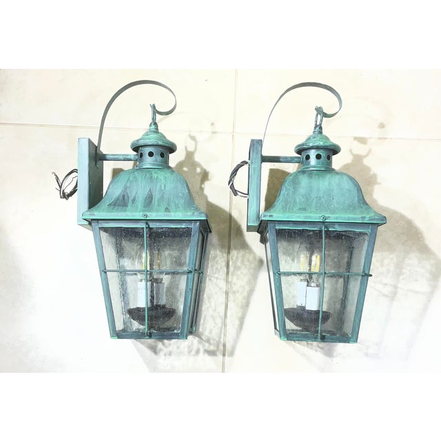 Pair of Verdigris Finish Steel Outdoor Wall Sconces - Seeded Glass 18”x 8”x 9” For Sale - Image 9 of 16
