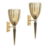 Modernist Hand-Blown Murano Iridescent Smoked Emerald Fluted Glass Sconces For Sale