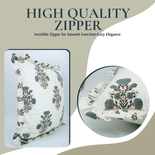 Art Deco Fabdivine Handmade Block Printed Frill Cushion Cover Gray 22x22 Inch Thick Cotton White- Swadesh For Sale - Image 3 of 5