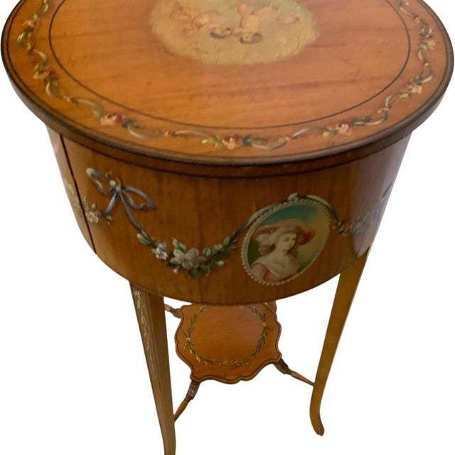 Antique Late Victorian Hand-Painted Satinwood Ladies Sewing Work Table Made in England c. 1880–1900. Approximately 28 3/4"...