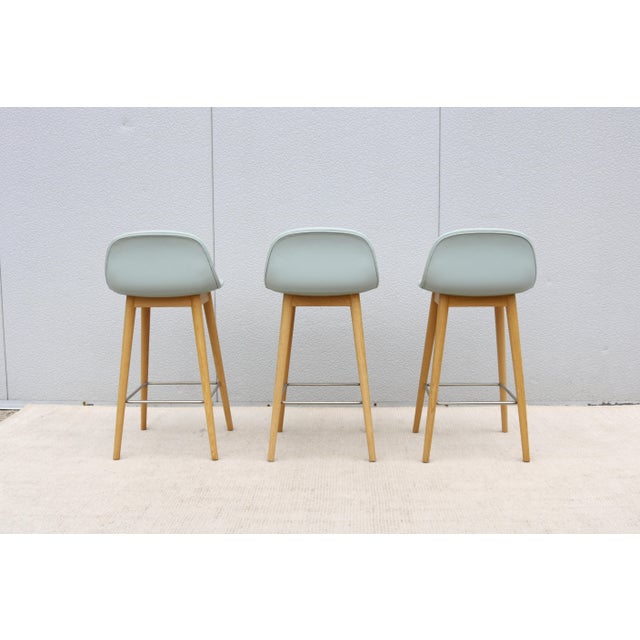 Danish Iskos-Berlin for Muuto Leather Fiber Counter Stools Wood Base - Set of 3 For Sale - Image 10 of 18