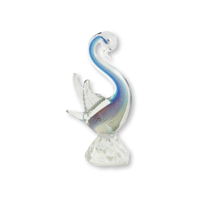 Mid 20th century Italian Murano glass swan sculpture with graceful freeform lines and luminous iridescent color. The clear...