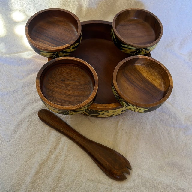 Vintage Handcrafted Wooden Black Lacquer & Bamboo Salad Serving Set - 6 pcs For Sale - Image 12 of 12