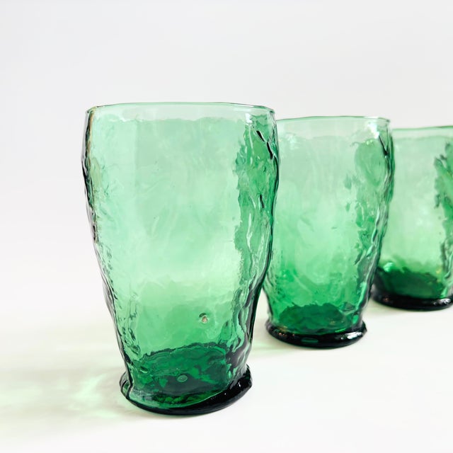 Mid Century Green Crinkle Glass Tumblers - Set of 4 For Sale - Image 4 of 12
