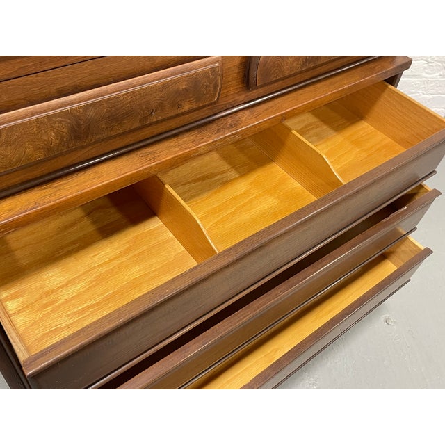Mid Century Modern Walnut Dresser by United Furniture Co. | Burled Drawers | Refinished Storage 1960's For Sale - Image 10 of 11
