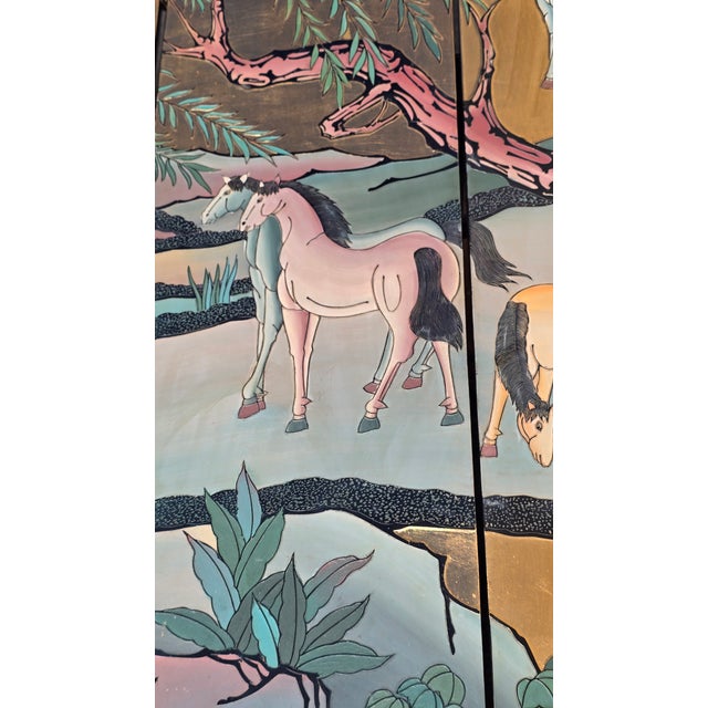 Signed Ten Horses Vintage Chinese Four Panel Screen Gold & Turquoise Shi Jun Tu For Sale - Image 9 of 15