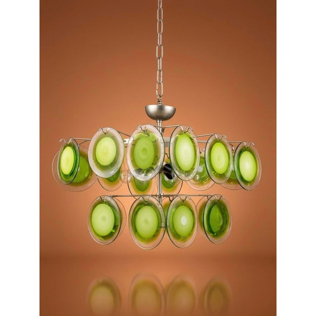 Gino Vistosi / Murano Mid-Century Italian Modernist Chandelier by Gino Vistosi, 1970s Murano Green Glass Disc and Chrome For Sale - Image 4 of 8