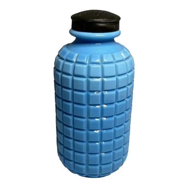 Antique Atterbury Opaque Blue Waffle Pattern Sugar Shaker, c. 1880 For Sale