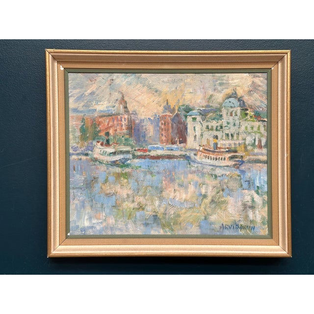 Arvidsson, Waterfront Cityscape, 1950s, Oil Painting on Panel, Framed For Sale - Image 9 of 15