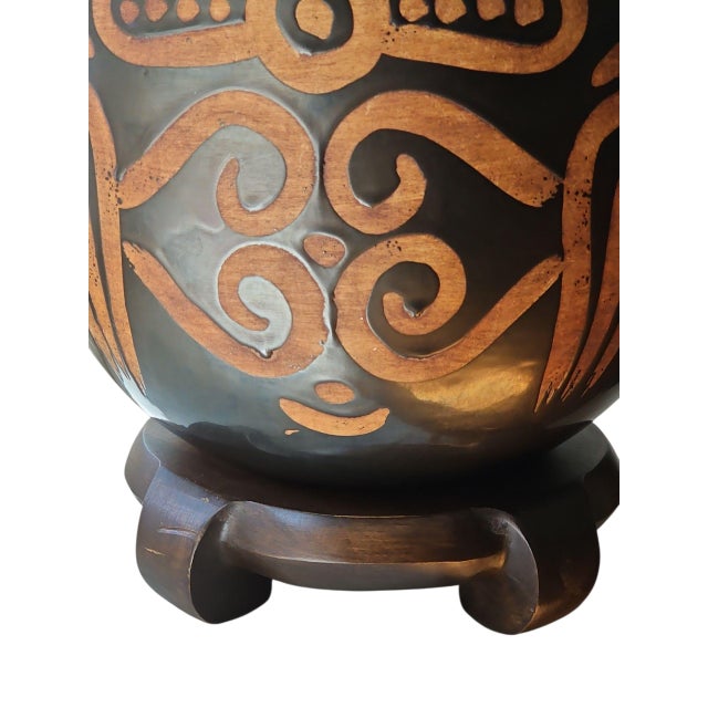 Modern 1960s Sculptural Terra Cotta Table Lamp With Arabesque Motif With Curves and Lines and Frederick Cooper Lamp Shade For Sale - Image 3 of 12