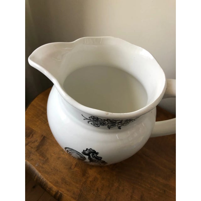 Farmhouse Vintage Ironstone Pitcher With Scalloped Edge and B&W Rooster Scene For Sale - Image 3 of 5