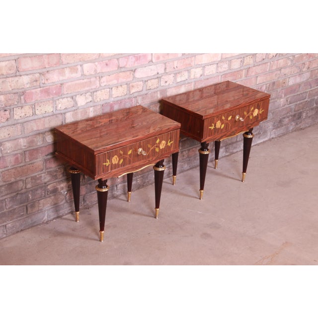 1950s French Art Deco Macassar Ebony Inlaid Marquetry Nightstands, Circa 1950s For Sale - Image 5 of 13