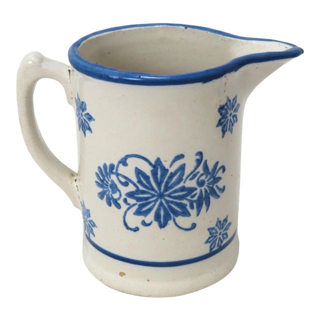 Antique Late 19th Century American Blue Wildflower Pattern Decorated Stoneware Pitcher For Sale