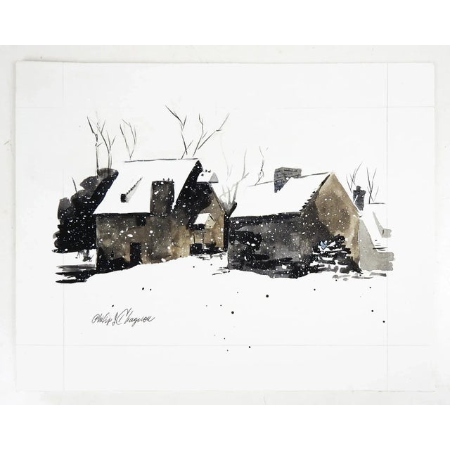 Contemporary Contemporary Farmhouse Barn on Snowy Winter Day Watercolor Painting For Sale - Image 3 of 3