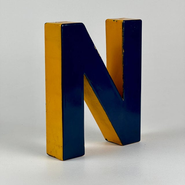 Vintage Metal Porcelain Enamel Letter 'N' Sign in Blue & Yellow For Sale - Image 4 of 7