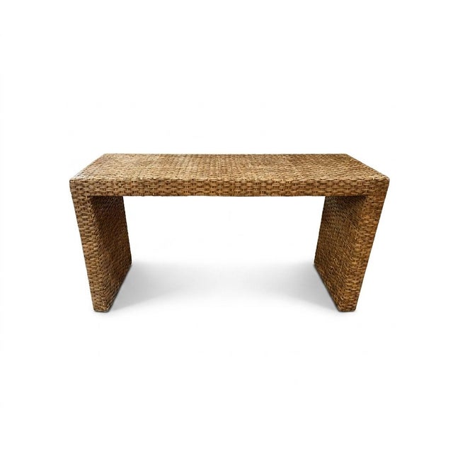 Vintage Waterfall Console Table in a Woven Wicker, Raffia Basketweave Design For Sale