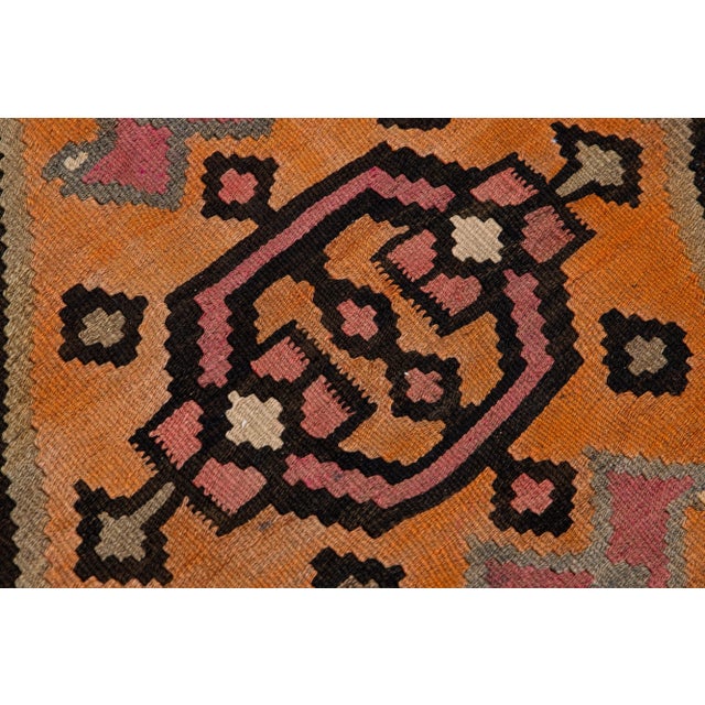 Textile Brown Vintage Kilim Handmade Flatweave Tribal Motif Wool Runner For Sale - Image 7 of 10
