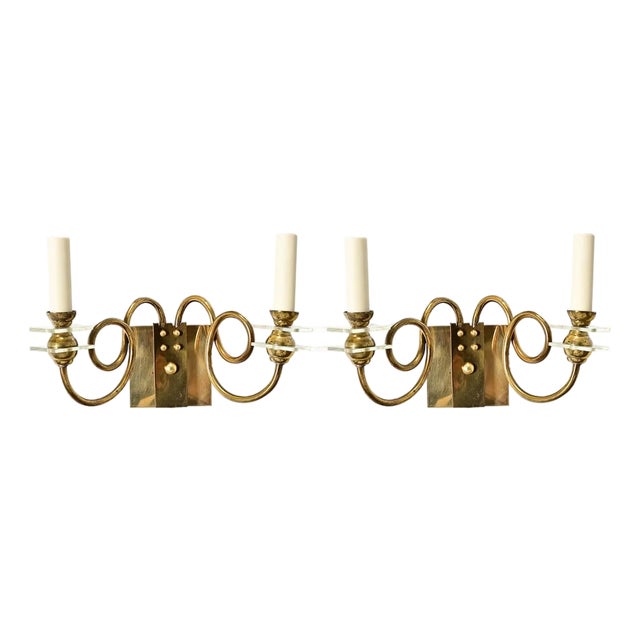 Vintage French Brass & Glass Wall Sconces - A Pair For Sale