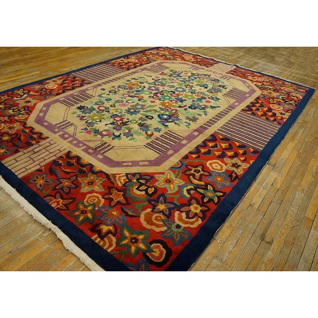 Art Deco 1920s Tan Camel Floral Antique Chinese Art Deco Rug 8' 9" X 11' 6" Handknotted Wool Carpet For Sale - Image 3 of 11