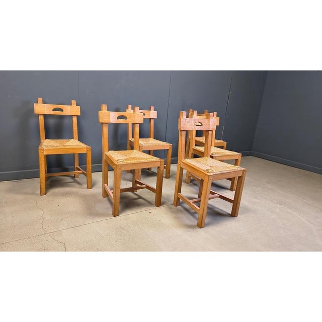 Brown Vintage Brutalist Chairs in Oak and Wicker, 1960s, Set of 6 For Sale - Image 8 of 14