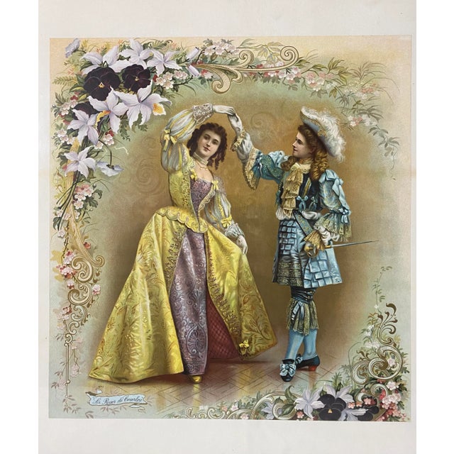 Large antique lithograph in burl walnut frame. Title is "Sir Roger de Coverley", which is an English or Scottish country...