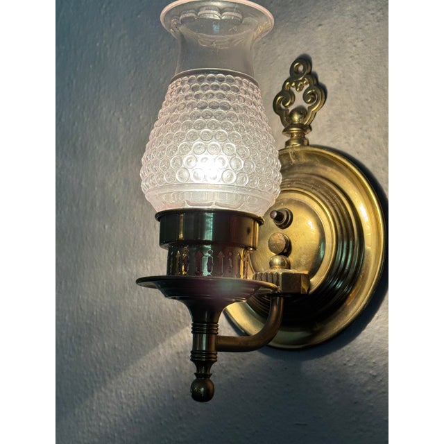 Hollywood Regency Brass Sconces With Hobnail Hurricane Lamp Shades (Pair) For Sale - Image 3 of 4