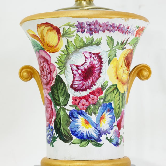 Pair of Vintage Floral Hand-Painted Brunschwig & Fils Wooden Table Lamps With Green Faux Marble Bases For Sale In New York - Image 6 of 18