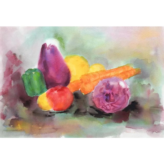 English Vintage Impressionist Still Life With Eggplant & Veggies Watercolor Painting For Sale - Image 3 of 3
