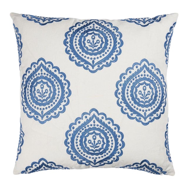 Schumacher Olana Embroidery 22" Pillow in Blue For Sale