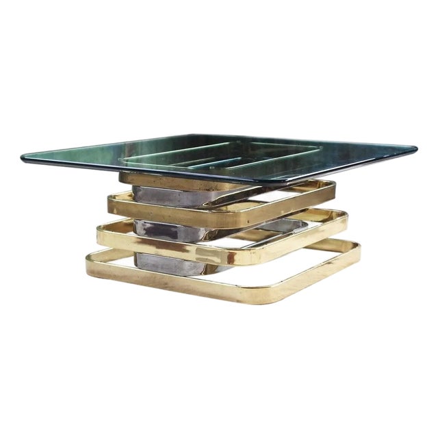 1970s Postmodern Stacked Chrome, Brass & Beveled Glass Coffee Table For Sale