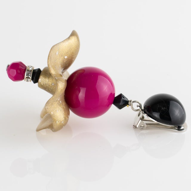 Plastic Angela Caputi Fuchsia and Gold Dust Resin Dangle Flamenco Floral Clip Earrings For Sale - Image 7 of 8