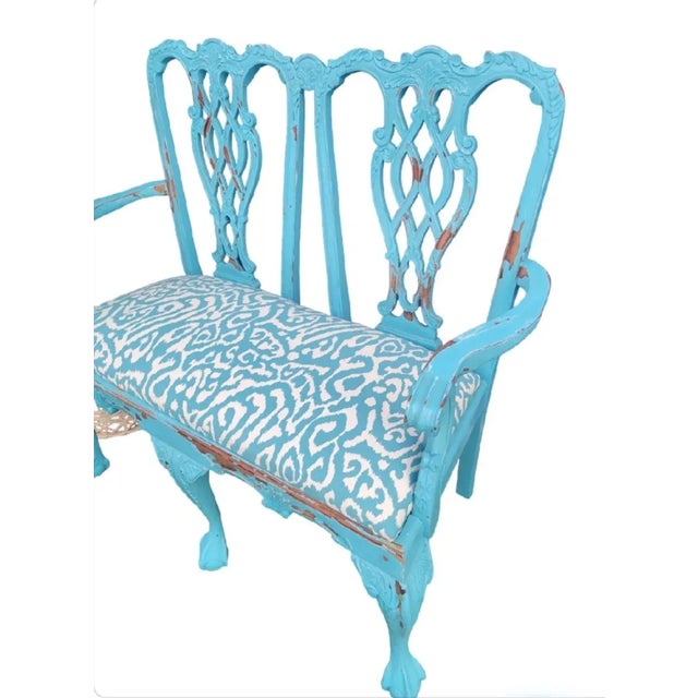 Shabby Chic Vintage Custom Pale Blue Distressed Queen Anne Ball Claw Fretwork Wood Zebra Settee Bench For Sale - Image 3 of 10