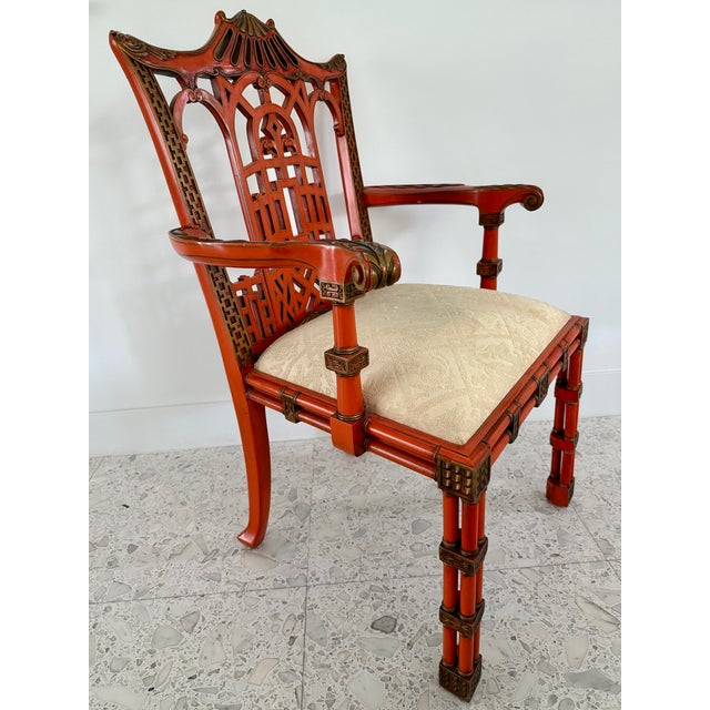 Chippendale George III Style Orange & Gold Armchair by Maitland Smith From 70's For Sale - Image 3 of 14