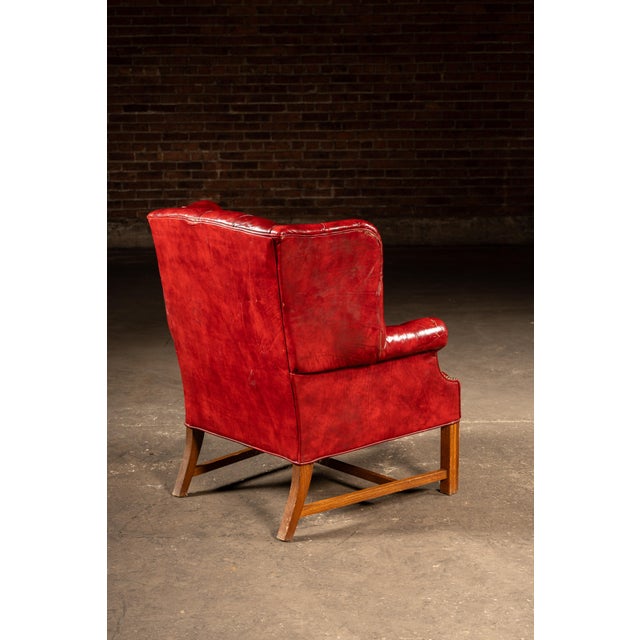Late 20th Century Vintage Leather Chesterfield Wingback Chair With Ottoman in Red by Ethan Allen For Sale - Image 5 of 13