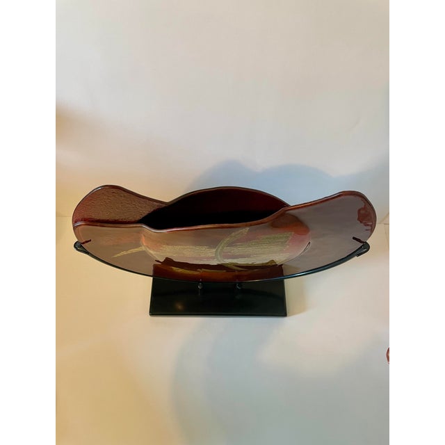 Early 21st Century Jasmine Art Glass 15" Fused Glass Crescent Bowl Vase With Metal Stand - Red/Gold For Sale - Image 5 of 5