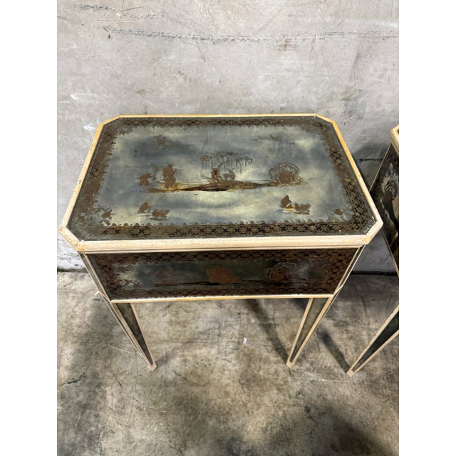 Pair of Églomisé Mirrored Chinoiserie Nightstands, Reverse-Painted One-Drawer For Sale - Image 16 of 17