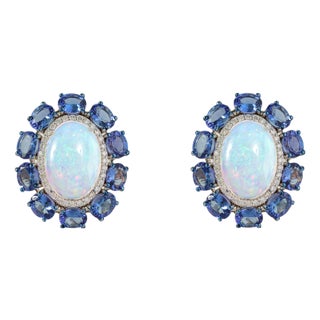 18k White Gold 14.24ct Fire Opal & Blue Sapphire Cluster Diamond Vintage Earrings- A Pair For Sale