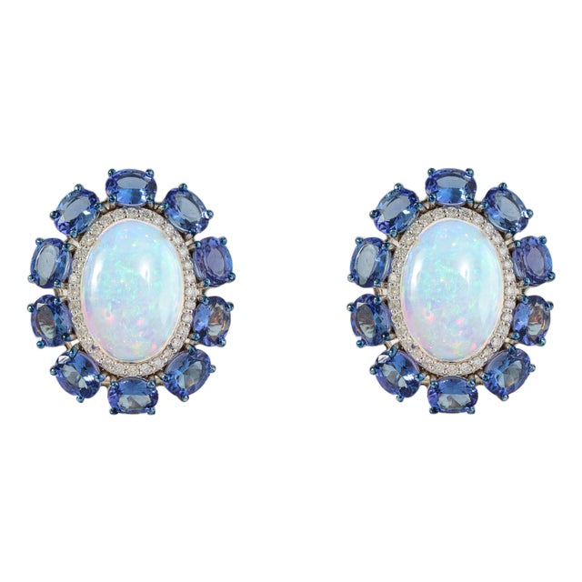 18k White Gold 14.24ct Fire Opal & Blue Sapphire Cluster Diamond Vintage Earrings- A Pair For Sale