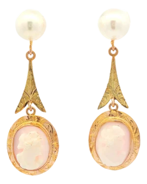 Victorian 10k Yellow Gold Pink Shell Cameo and Cultured Pearl Drop Earrings, A Pair