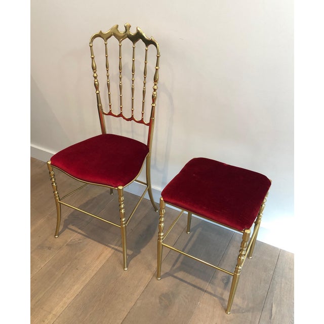 Metal 1940s Italian Brass Chiavari Chair and Stool, Seats Covered in Red Velvet- 2 Pieces For Sale - Image 7 of 12