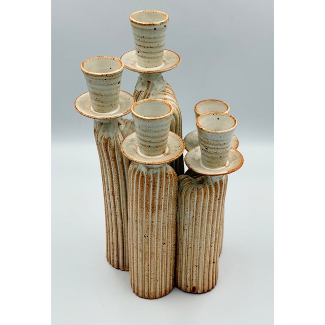 1960s Modernist Studio Pottery Speckled Ceramic Candelabra 5 Figures Candlesticks 10'' For Sale - Image 4 of 7