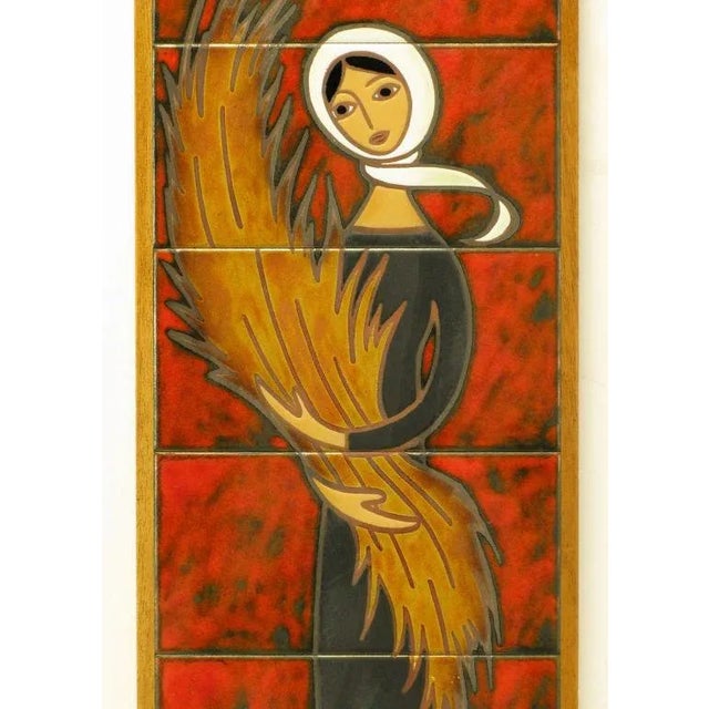 Hand Painted Ceramic Tile Art of Woman Holding Wheat Sheaf | Chairish