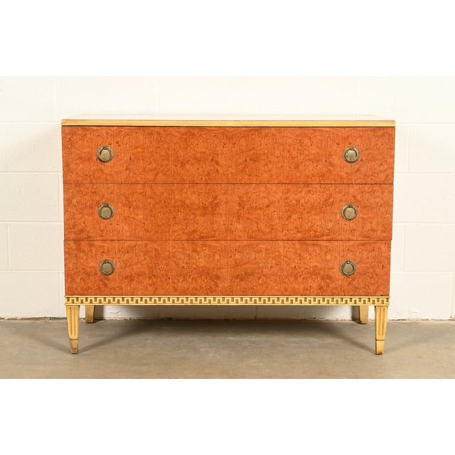 Romweber Style French Regency Louis XVI Burl Wood and Parcel Painted Three-Drawer Dresser Chest, Circa 1940s For Sale - Image 17 of 17