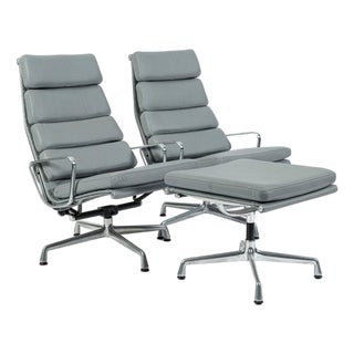 Pair Eames Soft Pad Recliners With Ottoman for Herman Miller, Gray Leather Aluminum Group For Sale