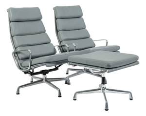 Pair Eames Soft Pad Recliners With Ottoman for Herman Miller, Gray Leather Aluminum Group