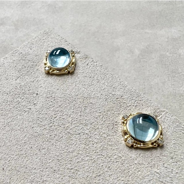 Syna Yellow Gold Blue Topaz Mogul Earrings with Champagne Diamonds, a Pair For Sale - Image 4 of 5